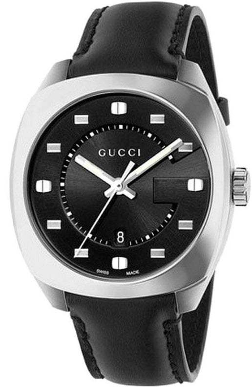 Gucci GG2570 men's watch with black dial, silver-tone case, and black leather strap