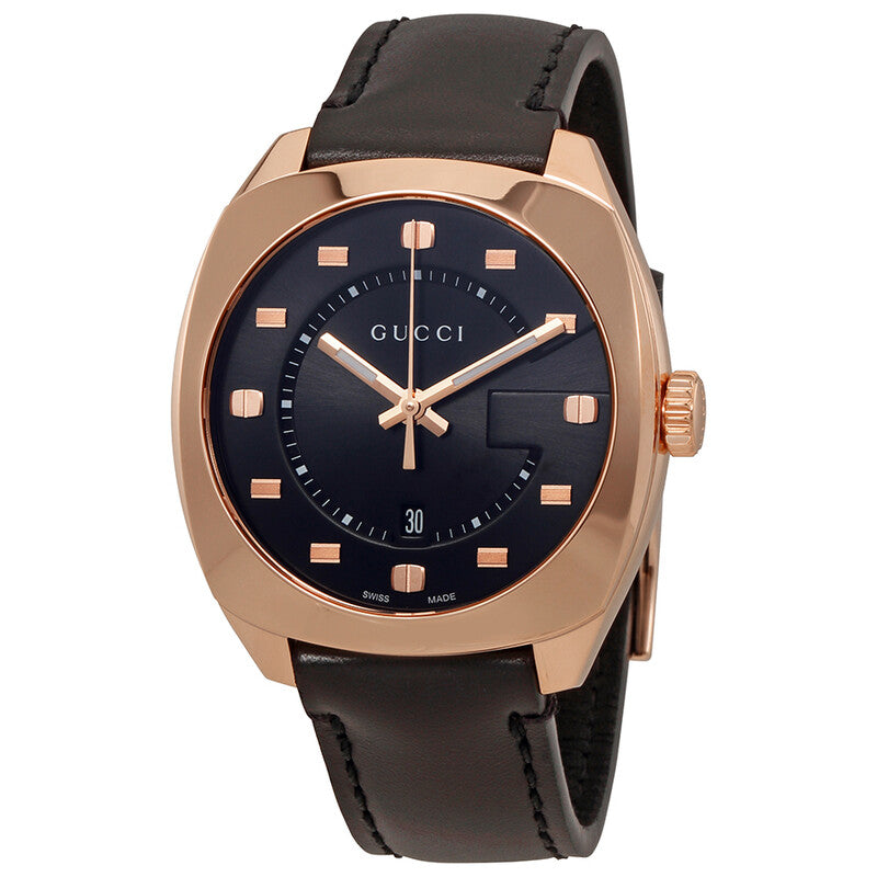 Gucci GG2570 men's watch with rose gold case, black dial, and rose gold hour markers on black leather strap