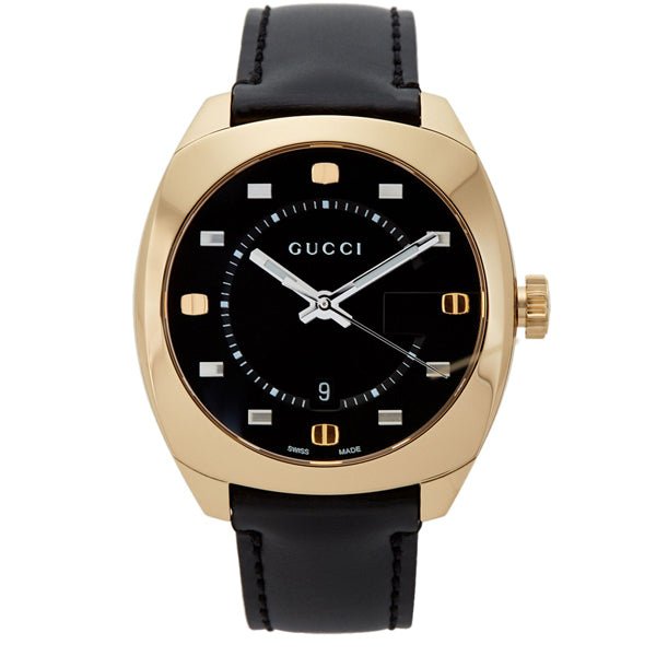 Gucci GG2570 watch angled view showing gold case and black leather strap