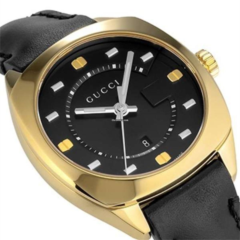 Gucci GG2570 watch angle view with gold-tone case and black leather band