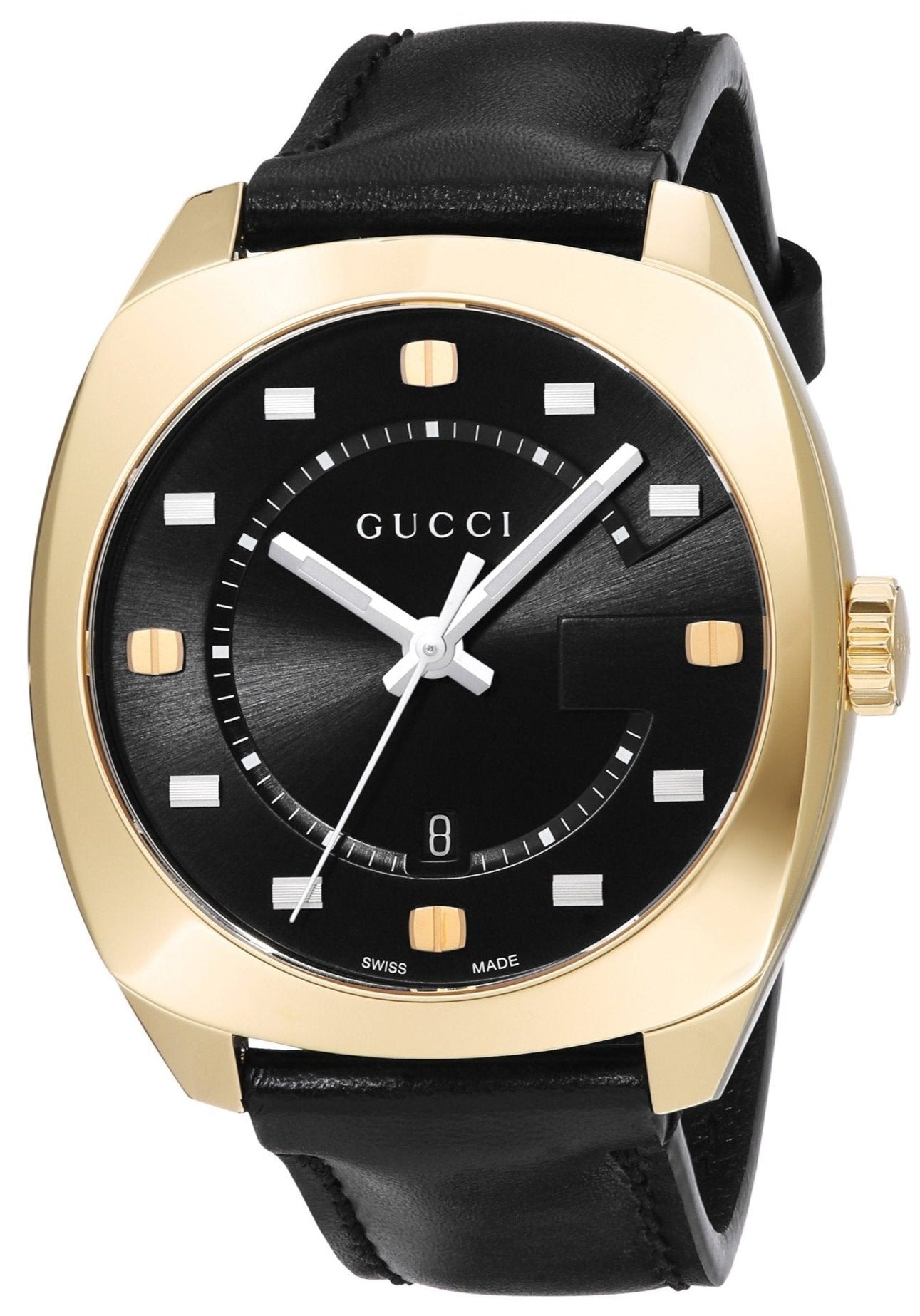 Gucci GG2570 watch with gold-tone case, black dial, and black leather strap