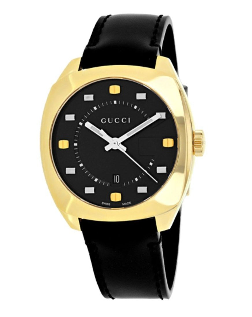 Gucci GG2570 men's watch showcasing black dial with white and gold markers