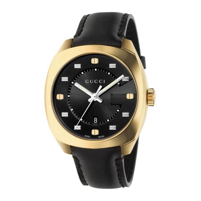 Gucci GG2570 timepiece with gold-tone case and black leather band