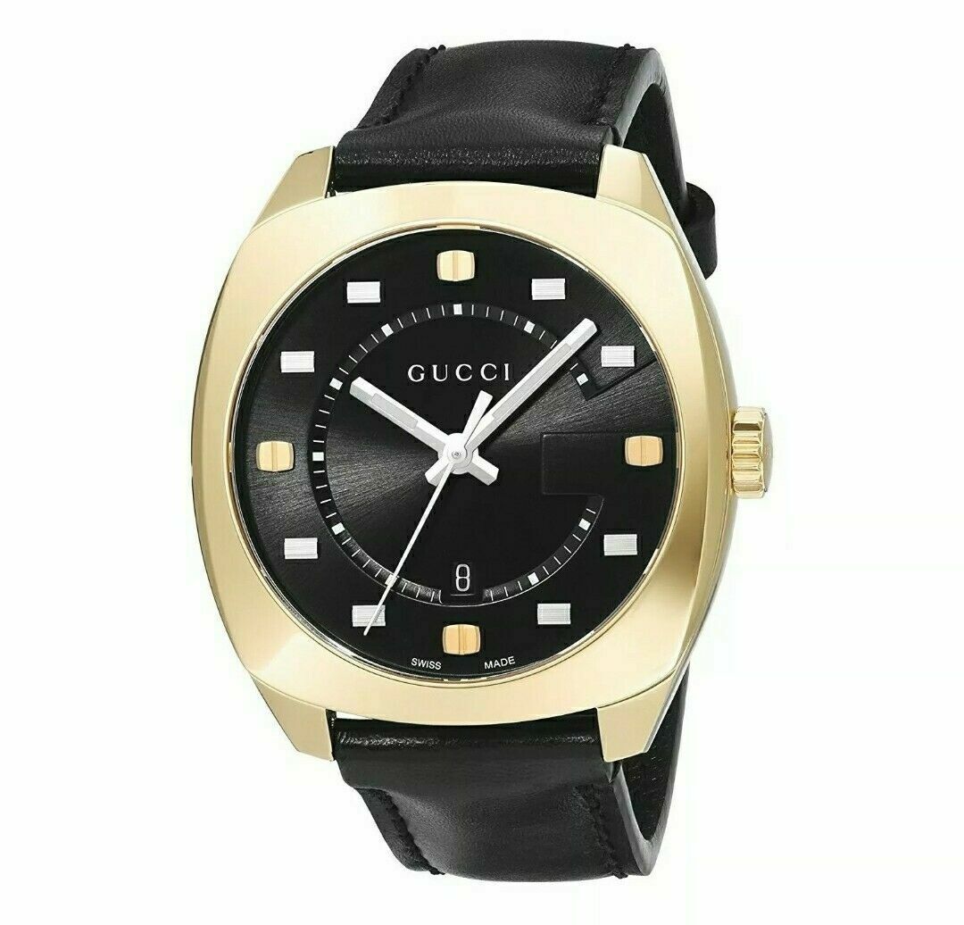 Gucci GG2570 YA142310 watch front view with black dial and leather strap