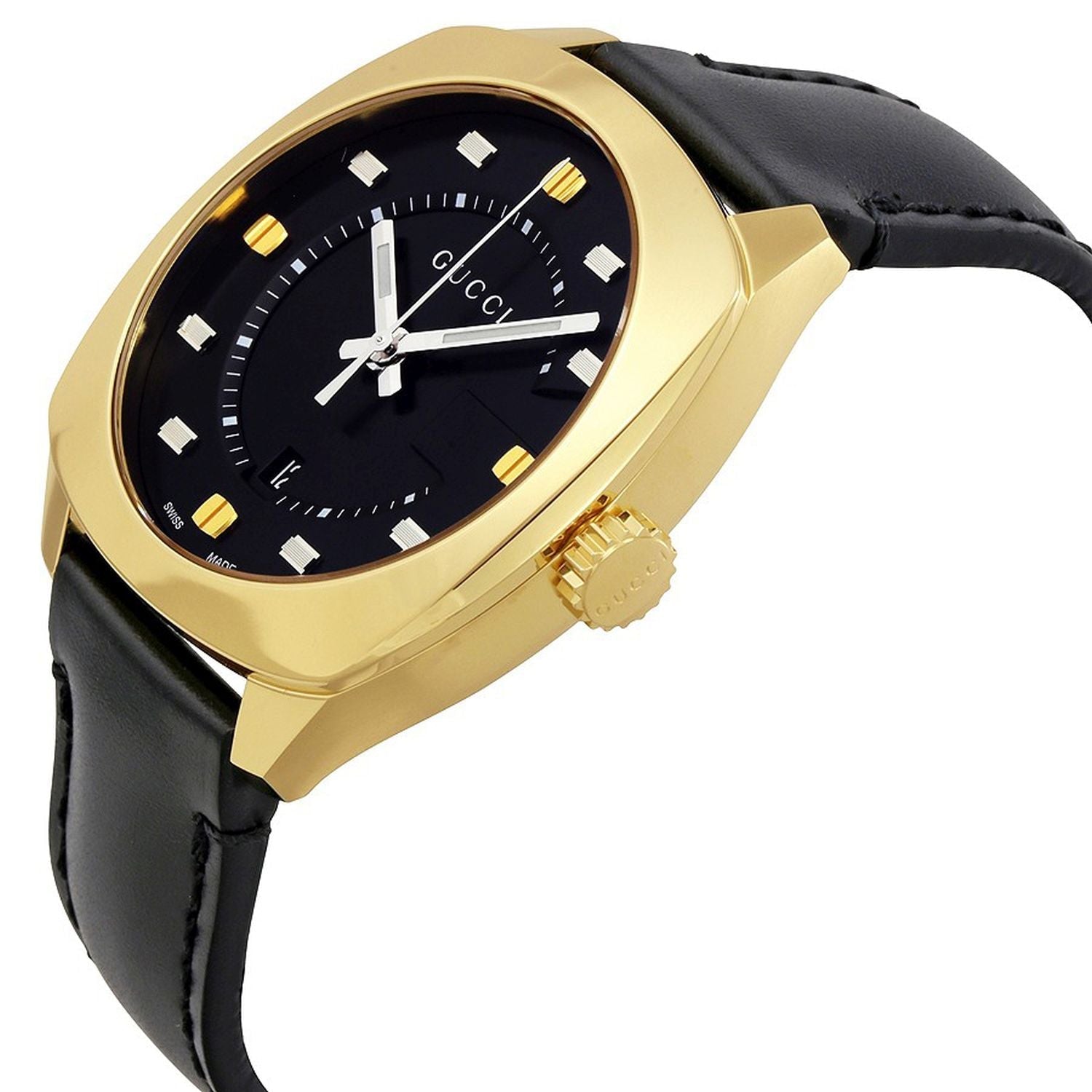 Gucci GG2570 side profile showing gold case crown and black strap