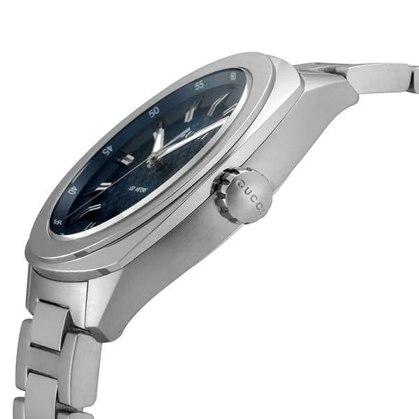 Gucci GG2570 watch displayed at angle showing silver case and crown