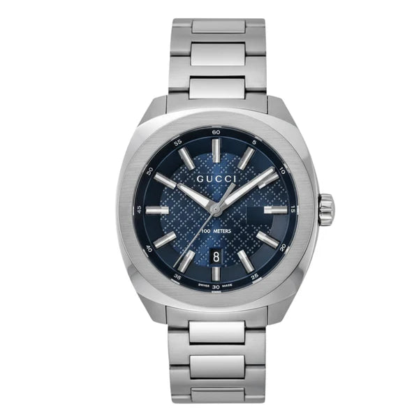 Gucci GG2570 silver stainless steel watch with blue dial and matching bracelet