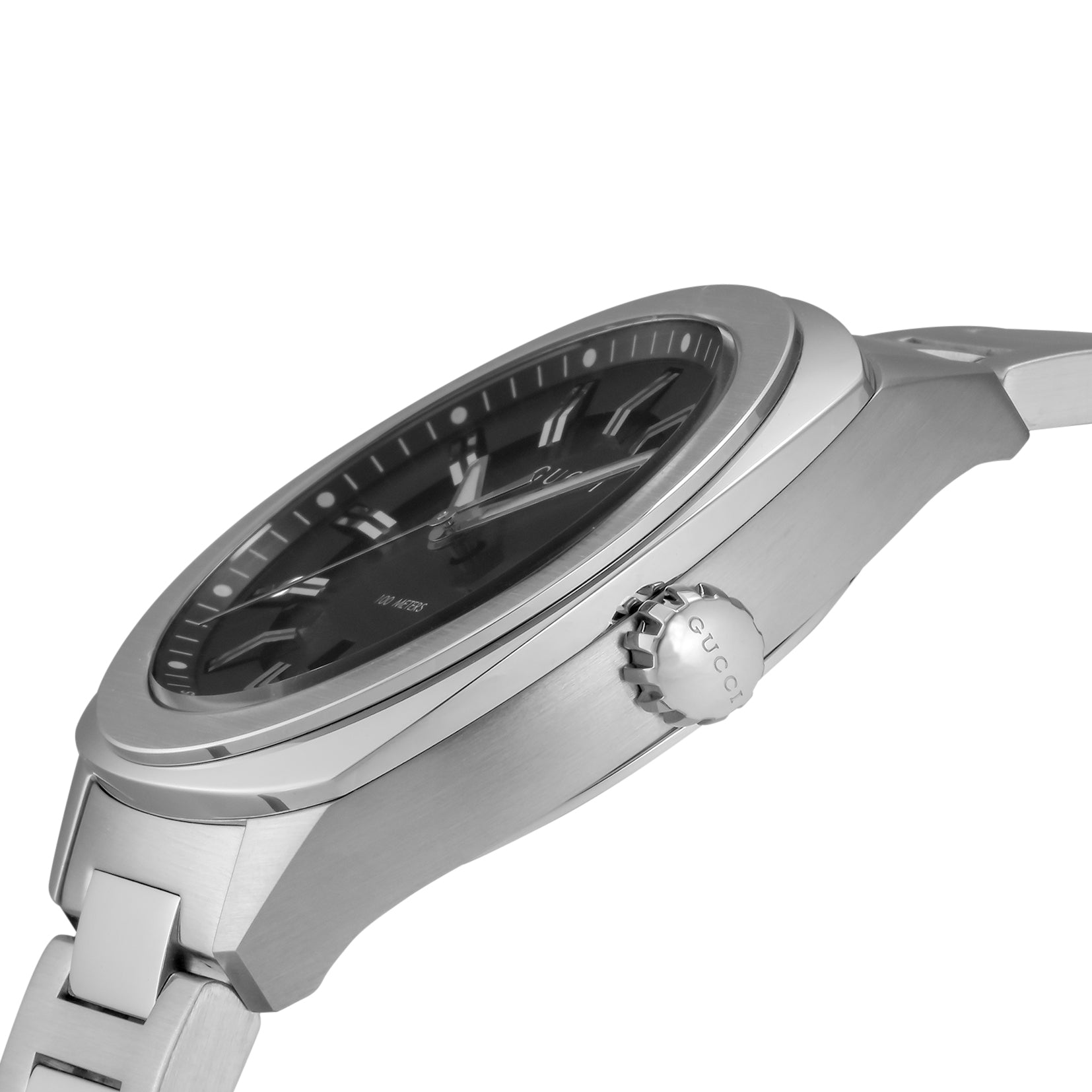 Gucci GG2570 watch displayed at angle showing case and bracelet profile