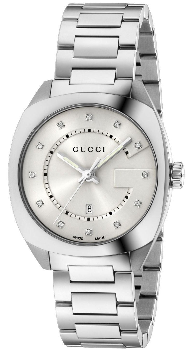 Gucci GG2570 women's watch with white dial, diamond markers, stainless steel case and bracelet