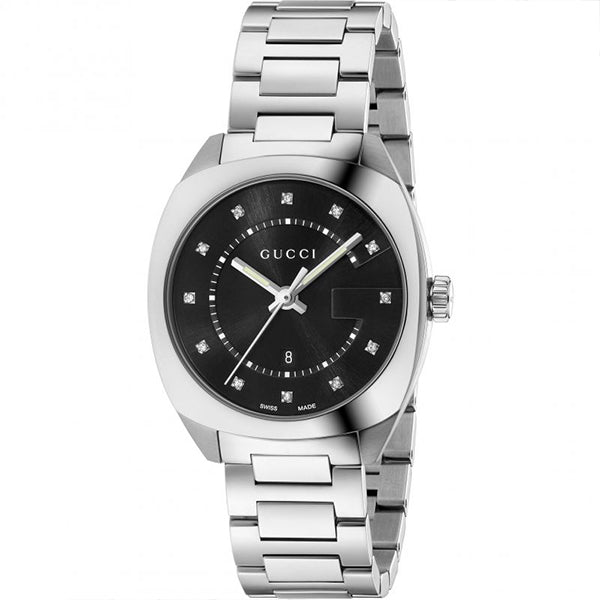 Gucci GG2570 women's watch with black dial, diamond markers, silver steel case and bracelet strap