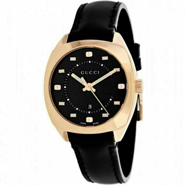 Gucci GG2570 watch angled view showing rose gold case with black dial and leather strap