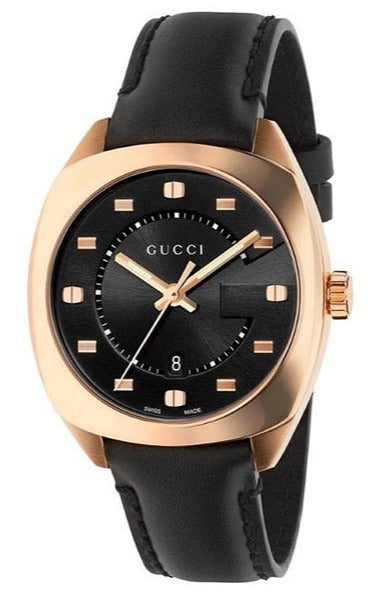 Gucci GG2570 women's quartz watch with rose gold case and black leather strap