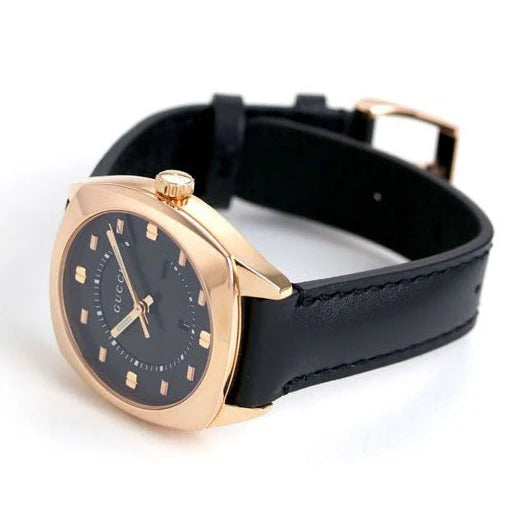 Gucci GG2570 watch worn on wrist with black leather strap