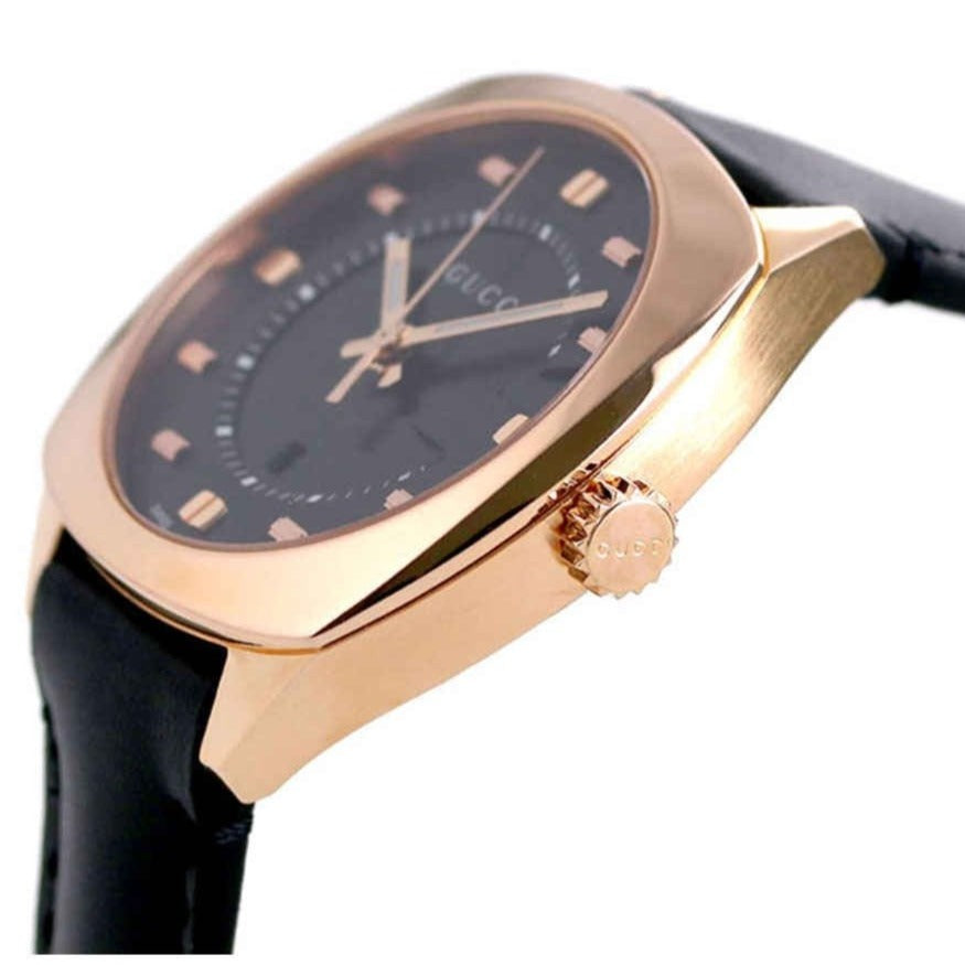 Side profile of Gucci GG2570 watch showing rose gold case thickness and crown