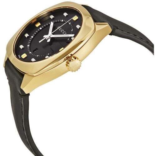 Gucci GG2570 watch angled view showing black dial and gold square case
