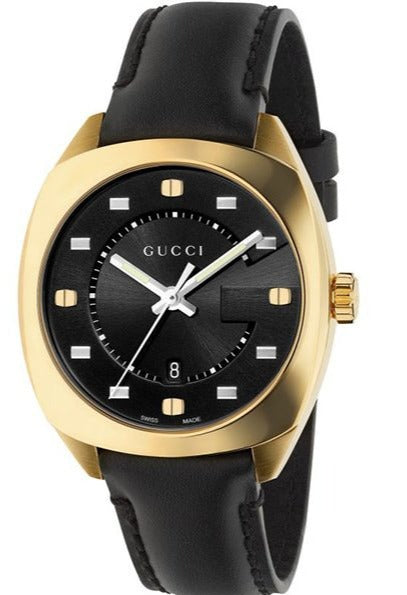 Gucci GG2570 black dial gold watch with black leather strap, front view