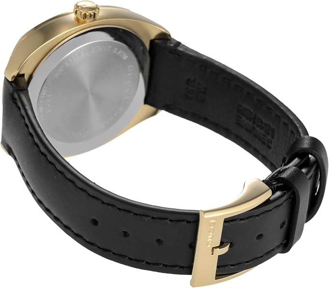 Gucci GG2570 watch side view displaying black leather strap and gold case