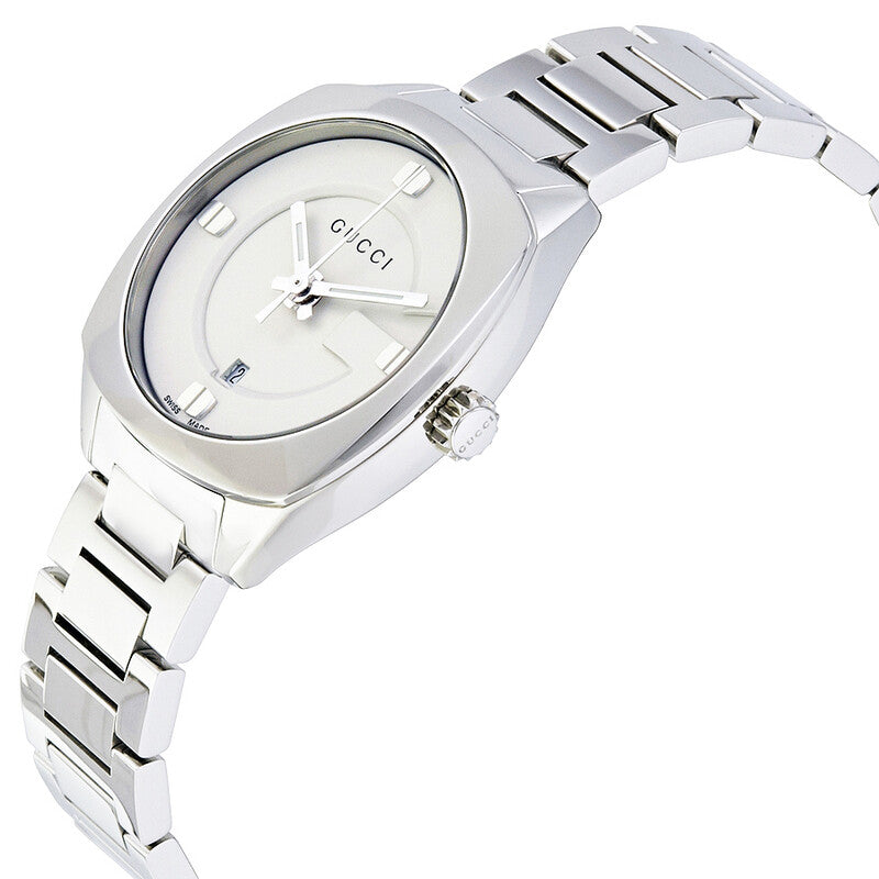 Gucci GG2570 women's watch three-quarter view with white dial and steel bracelet