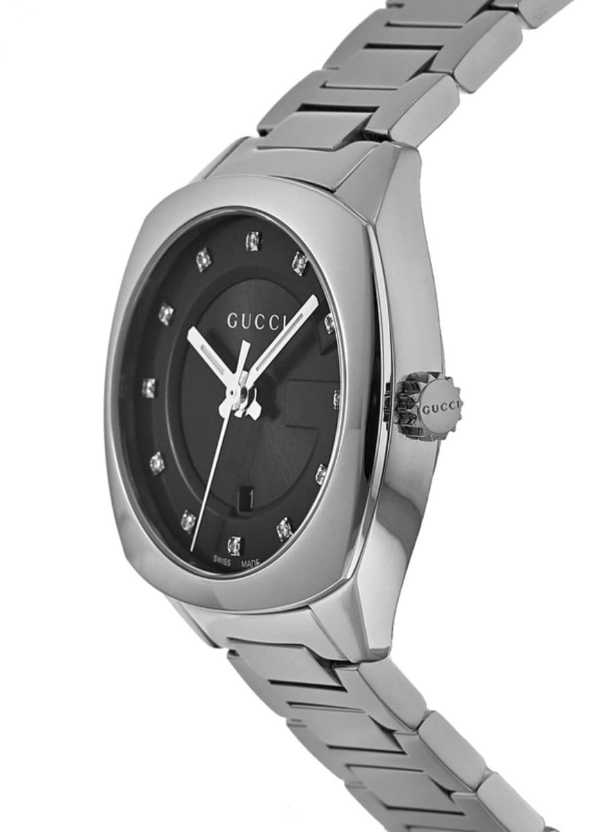 Gucci GG2570 watch side angle showing black dial and stainless steel bracelet