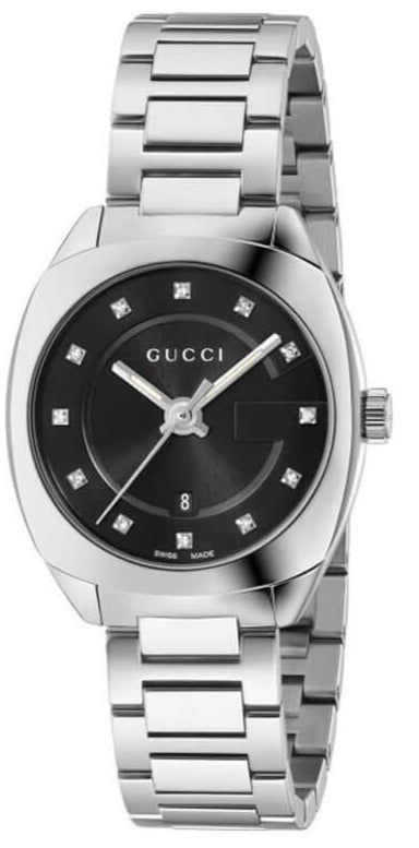 Gucci GG2570 black dial watch with diamond markers and stainless steel bracelet