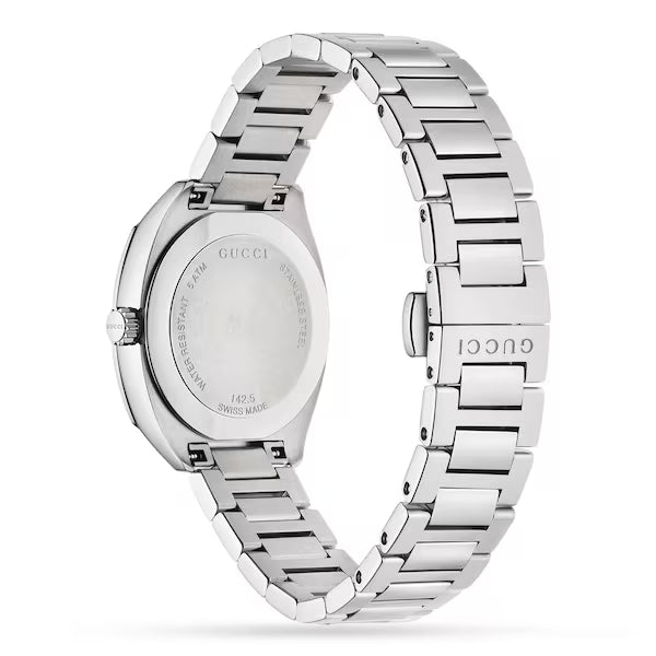 Gucci GG2570 caseback showing stainless steel case back and bracelet