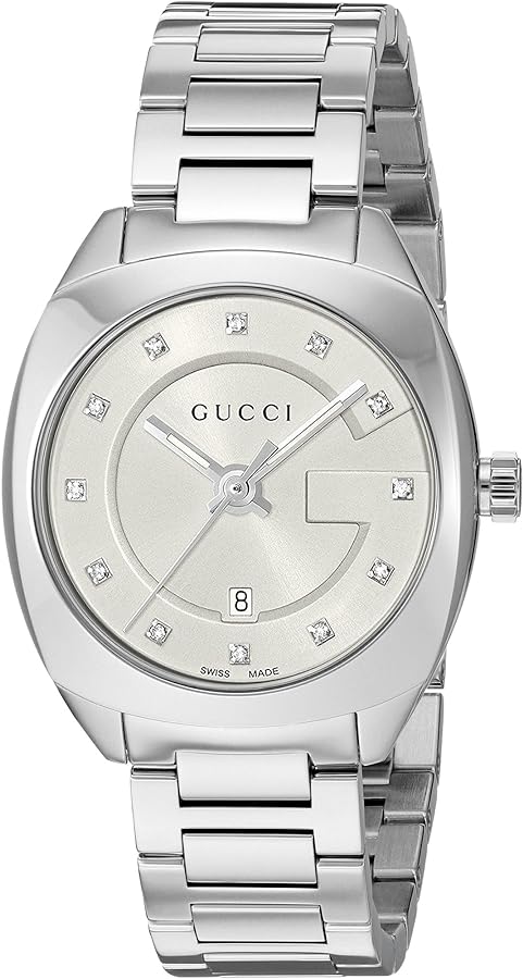 Gucci GG2570 white dial ladies watch with diamond markers and stainless steel bracelet