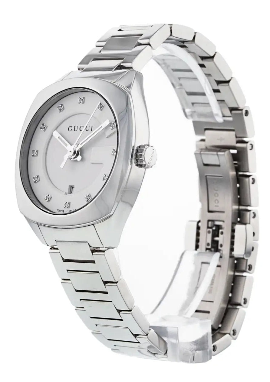Gucci GG2570 ladies watch side profile with white dial and stainless steel bracelet