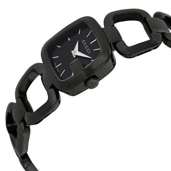 Gucci G-Gucci YA125504 black PVD watch at angle showing case and bracelet design