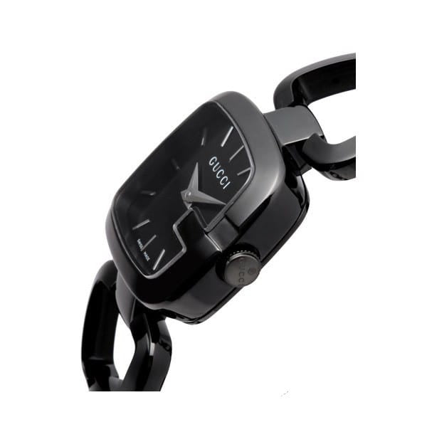 Gucci G-Gucci YA125504 black watch at side angle showing crown and case profile