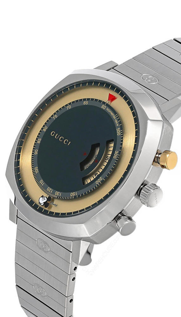 Side angle view of Gucci Grip Disney Mickey Mouse watch showing chronograph pushers and bracelet