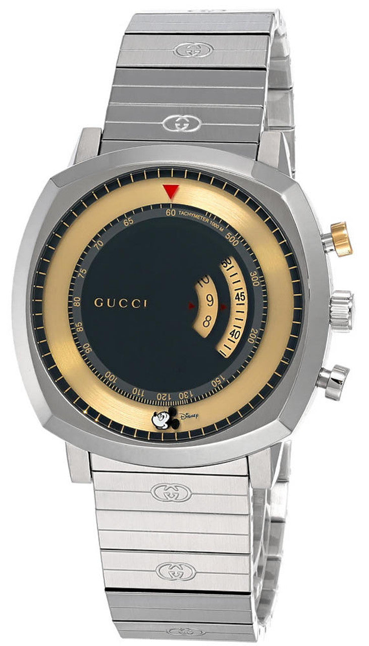 Gucci Grip Disney Mickey Mouse 40mm watch with stainless steel bracelet and gold-accented rotating dial