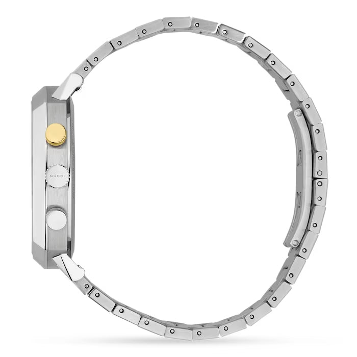 Side profile of Gucci Grip Disney Mickey Mouse watch displaying case thickness and bracelet links