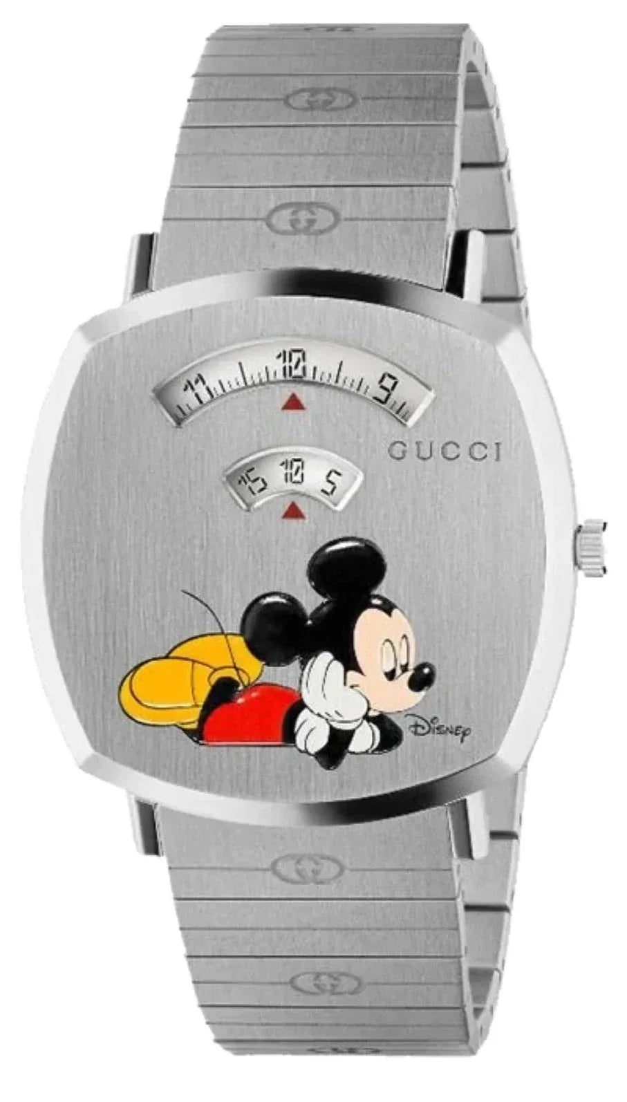 Gucci Grip Disney Mickey Mouse silver dial watch with Mickey and Pluto design on silver steel strap