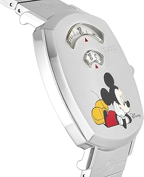 Gucci Grip Disney Mickey Mouse watch side profile showing silver steel case and strap