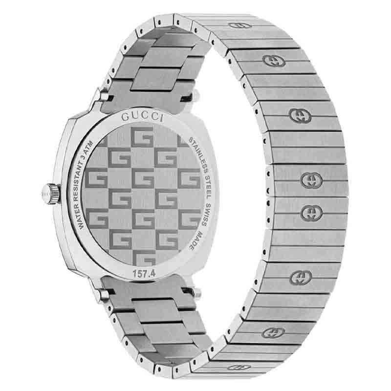 Gucci Grip watch flat lay showing silver steel strap with GG logo links