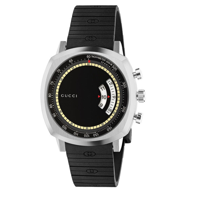 Gucci Grip 40MM chronograph watch with black dial, stainless steel case, and black rubber strap