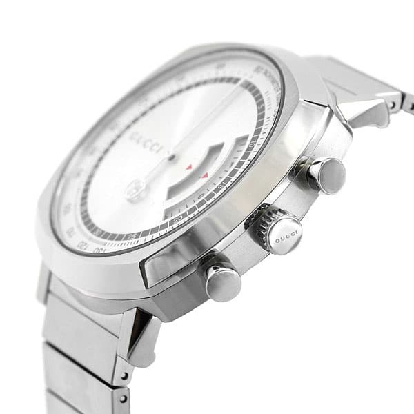 Side angle view of Gucci Grip watch showing silver steel case and chronograph pushers