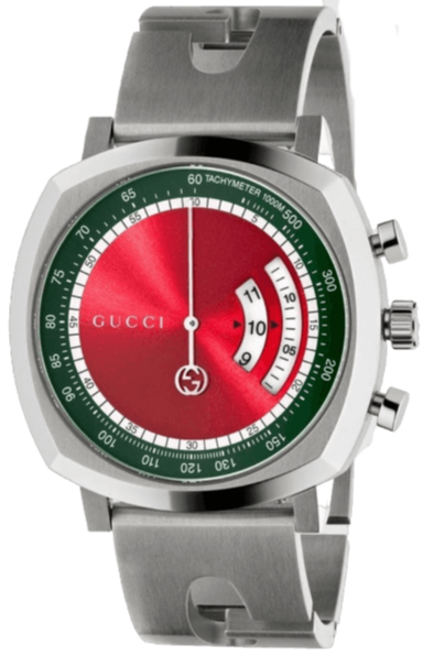 Gucci Grip YA157303 chronograph watch with red dial and green bezel