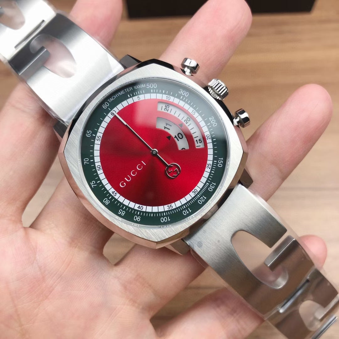 Gucci Grip YA157303 chronograph watch worn on wrist with red dial visible