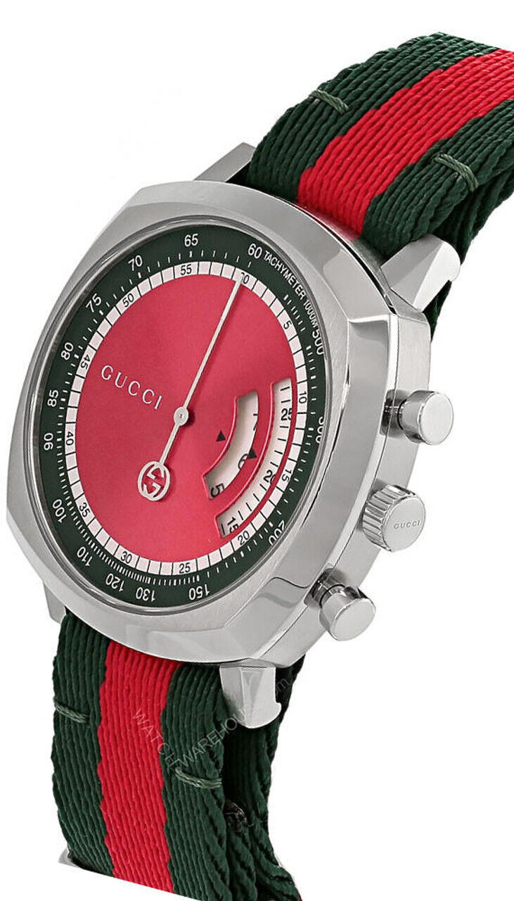 Gucci Grip YA157304 watch angled view showing chronograph subdials and striped strap