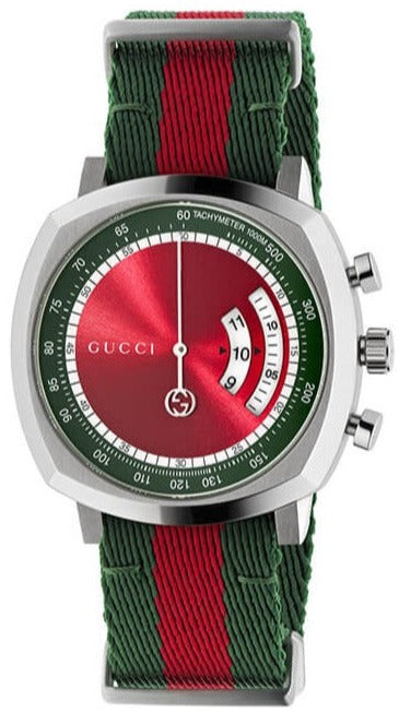 Gucci Grip YA157304 chronograph watch with red dial and green-red striped nylon strap