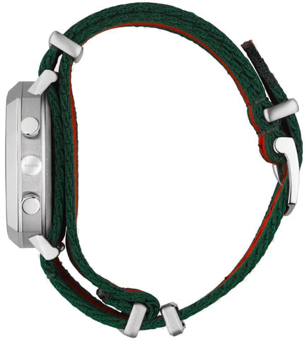 Gucci Grip YA157304 chronograph watch worn on wrist showing green and red striped nylon strap