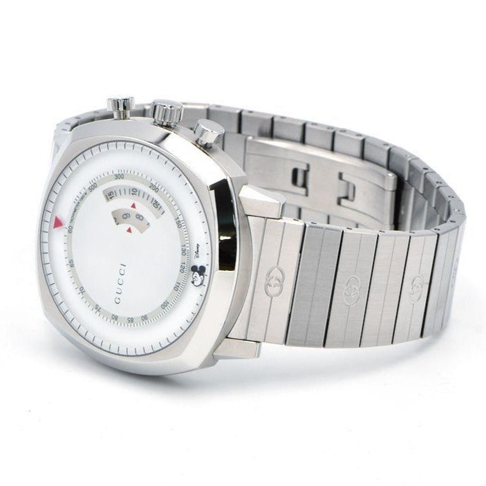Gucci Grip Chronograph Mickey Mouse watch with silver steel bracelet, angled side view