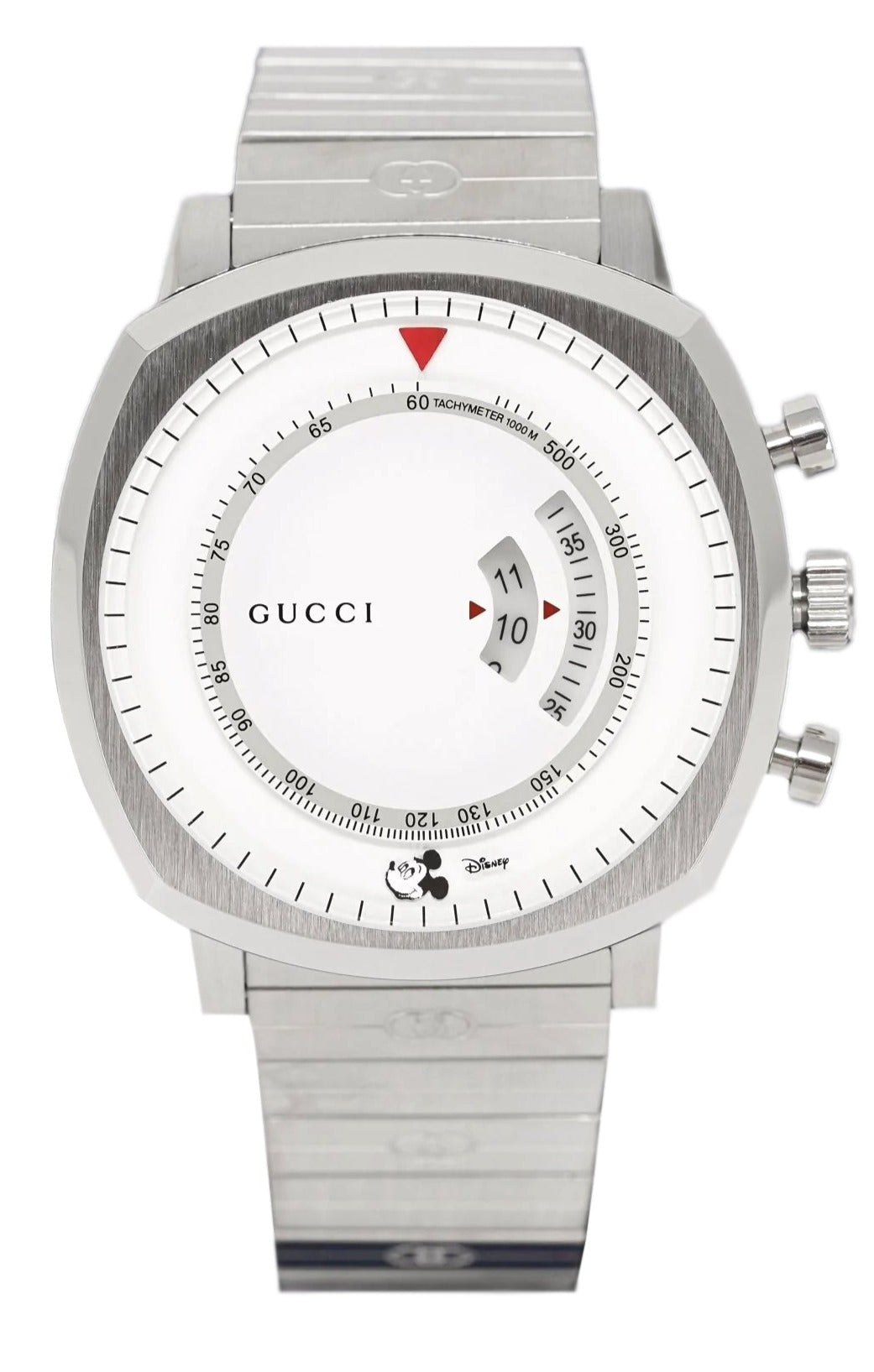 Gucci Grip Chronograph Mickey Mouse watch with white dial and silver steel bracelet, front view