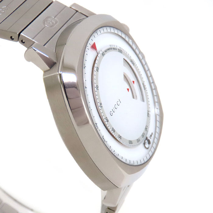 Gucci Grip Chronograph Mickey Mouse watch with silver steel case, side profile view