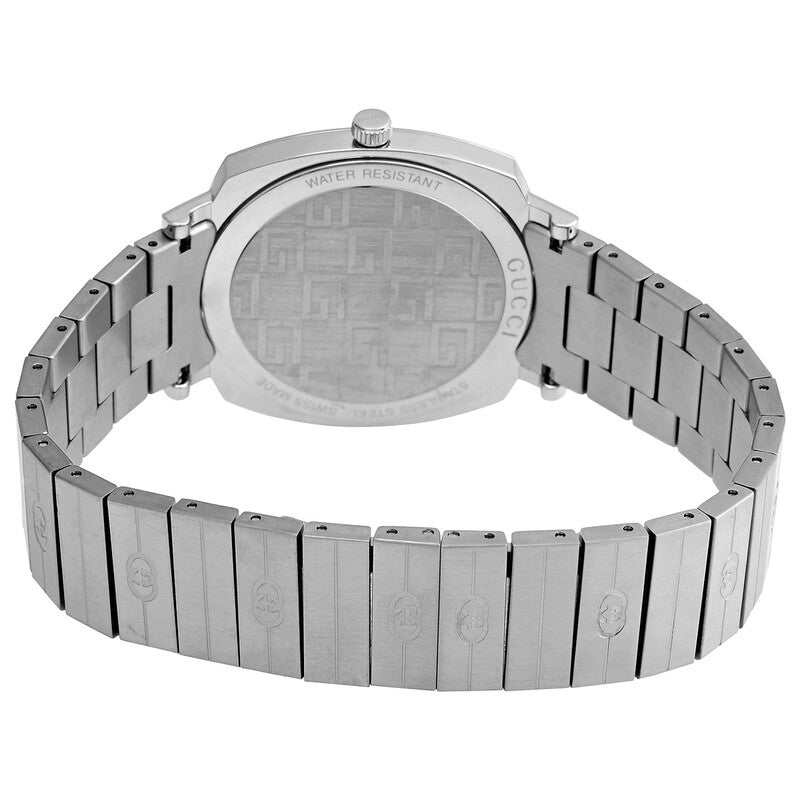 Gucci Grip women's watch caseback with engraved text and steel bracelet