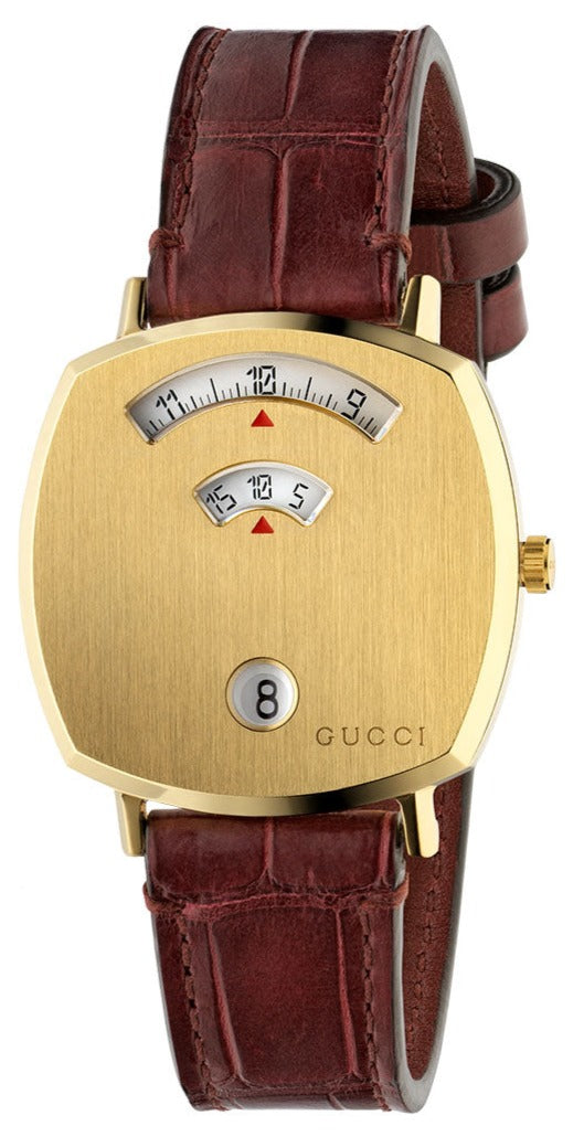 Gucci Grip women's watch with gold dial, burgundy leather strap, and gold-tone case