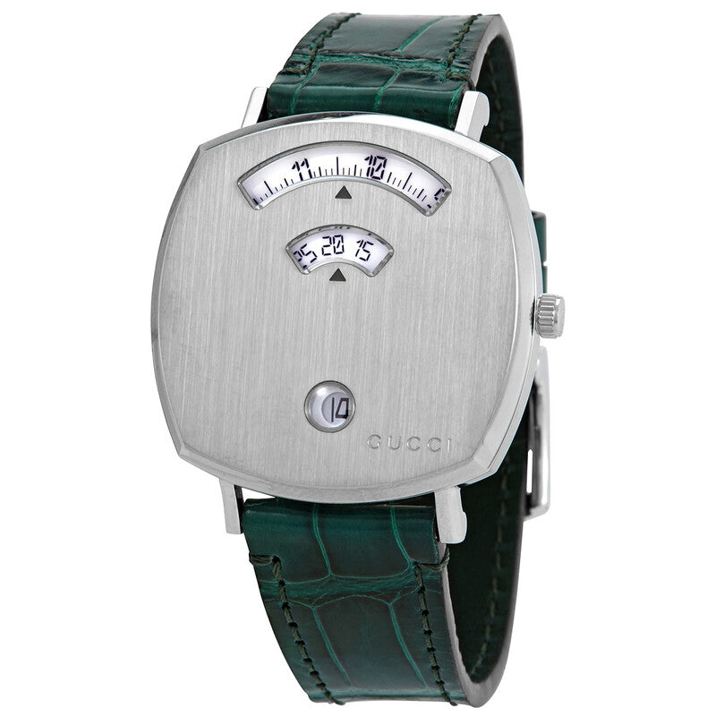 Gucci Grip stainless steel women's watch with silver dial and green crocodile leather strap