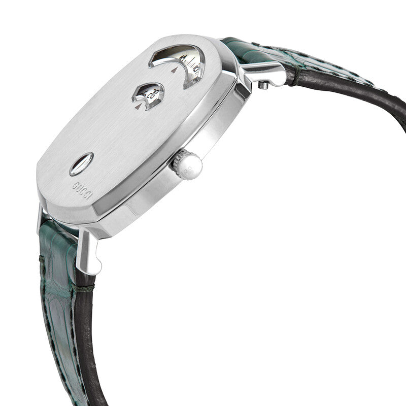 Side view of Gucci Grip women's watch showing stainless steel case and green leather strap