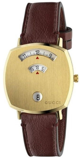 Gucci Grip gold-tone quartz watch with unique two-scale dial and burgundy leather strap, front view